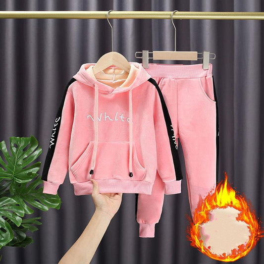Girls Gold Silk Double-faced Fleece Casual Spring, Autumn and Winter Suit Korean Version of The Two-piece Suit