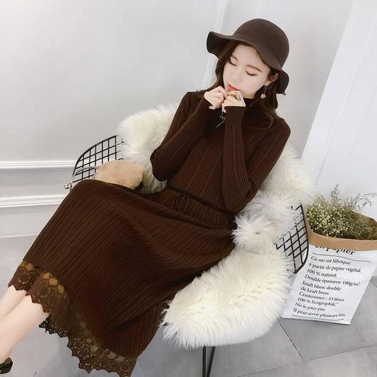 Knitted Long Lace Thick Sweater Dress Large Size Women Over Knee Loose Bottoming Knitwear