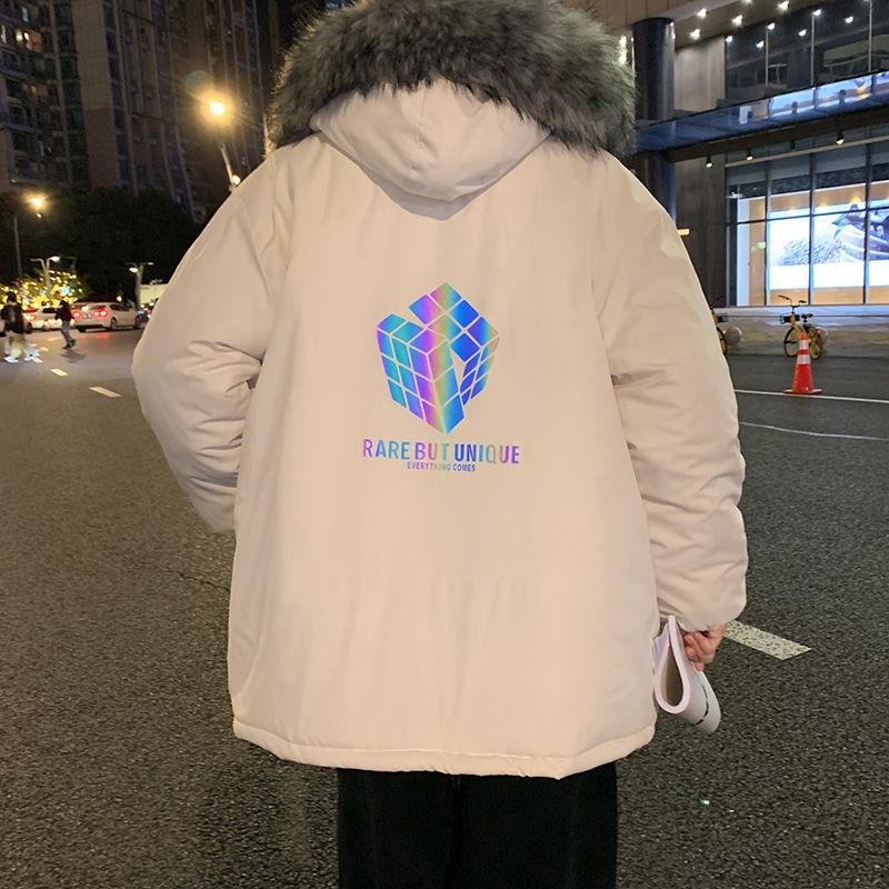 Rubik's Cube Reflective Cotton Coat Male Fur Collar Korean Style Loose Bread Coat Winter Student Handsome Padded Coat