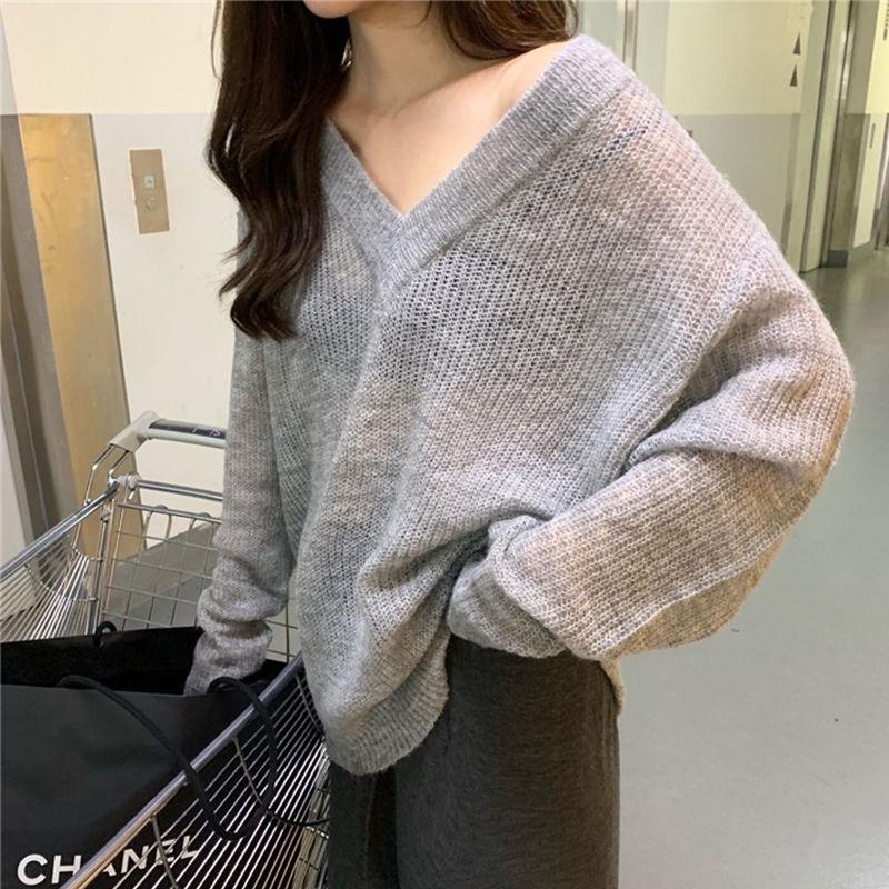 Autumn Fashion Sweater Casual Simple Loose Jacket Short V-neck Hollow Young Women's Bottoming Shirt