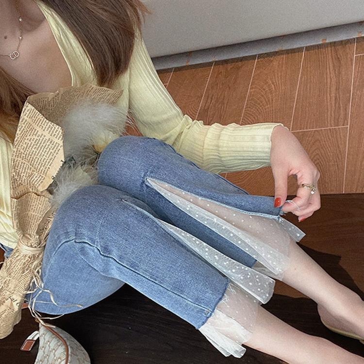 WTEMPO Split Lace Women's Jeans Loose and Slim Wide Leg Straight Denim Big Pocket Trousers