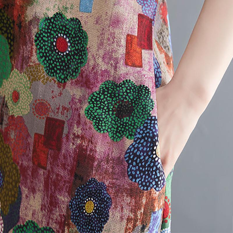 Flower Print Dress Women's Short-sleeved Round Neck Mid-length Floral Dress