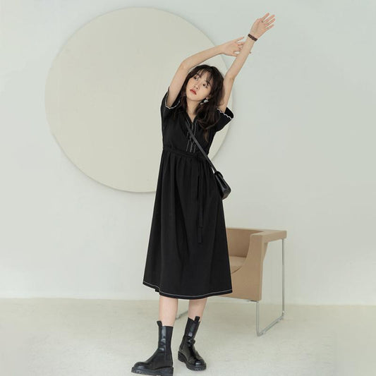 Deep V Neck Summer Dress Sundress Short Sleeve A-Line Ladies Midi Dress Fashion Casual Beach Ol Black Dress for Women