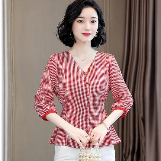 Women's Spring and Autumn Shirt V-neck Loose Plaid Short Top