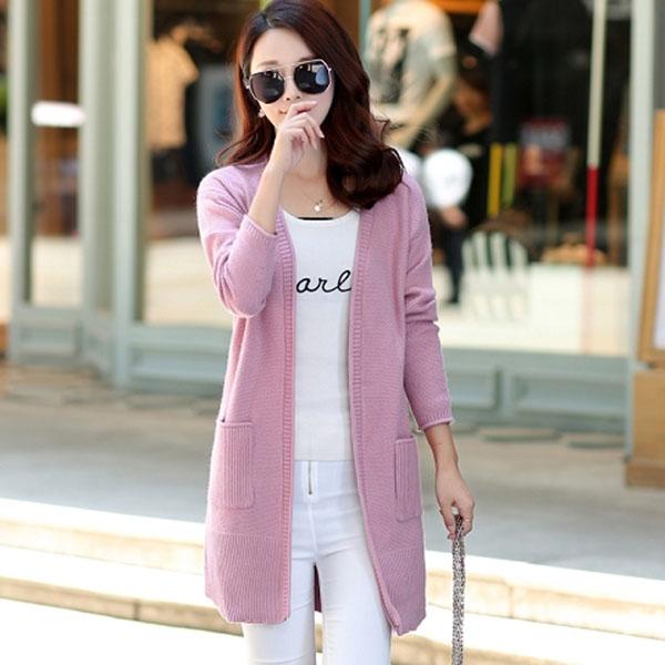 Spring and Autumn Wear Knitted Sweater Cardigan Fashion Slim Jacket Women's Mid-length Simple Solid Color Women's Top