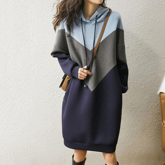 Women's Spring and Autumn Long Hoodie Color Matching Casual Hoodied Dress Large Size Loose and Versatile Hoodie