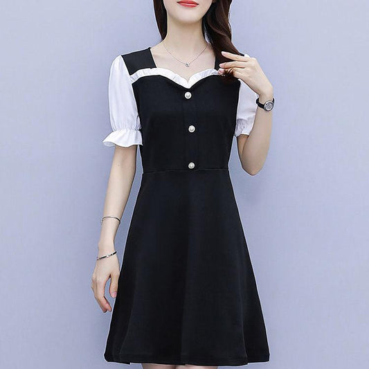 Women's High-elastic Short-sleeved Summer Fake Two-piece Waist Large Size Temperament Dress