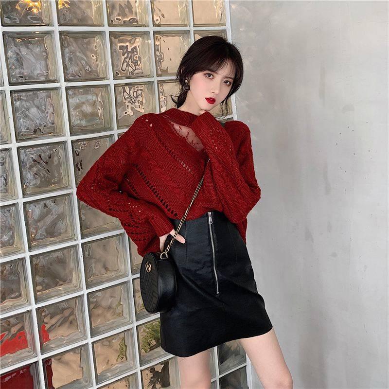 Pofulove Chic Princess Lace Yarn Spliced Neck Loose Knitwear Skin-friendly Women Pullover Sweater