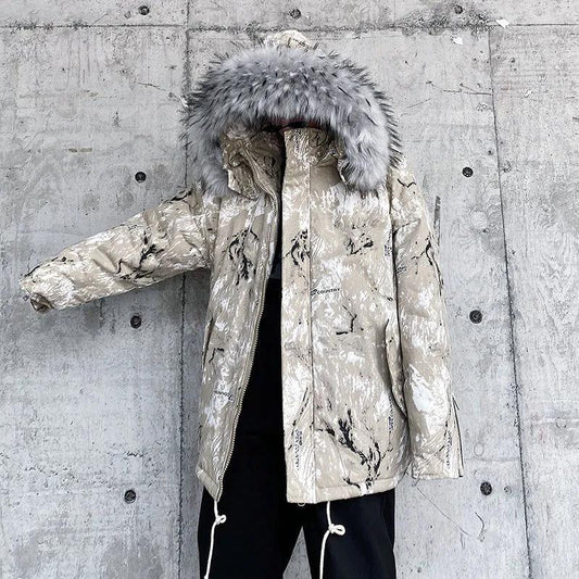 Winter Mid-length Down Jacket Thickened Warmth Tie-dye Jacket Suitable for Young Men or Students