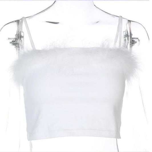WTEMPO Sexy Navel Low-cut Top Fluff Sling T-shirt Vest Sleeveless Short Top Home Party Appointment Daily