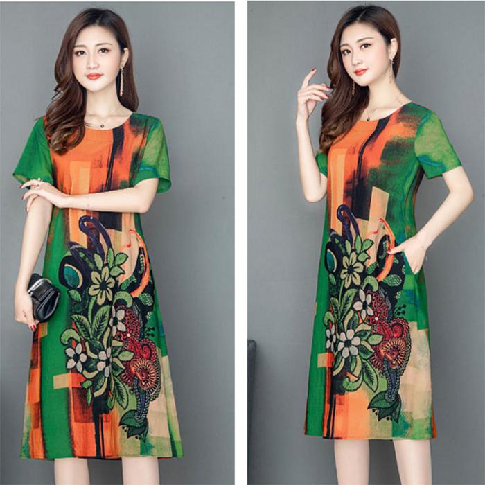 M-XXXXL Plus Size Polyester Short-sleeved Dress Summer Over-the-knee Round Neck Exquisite Printing