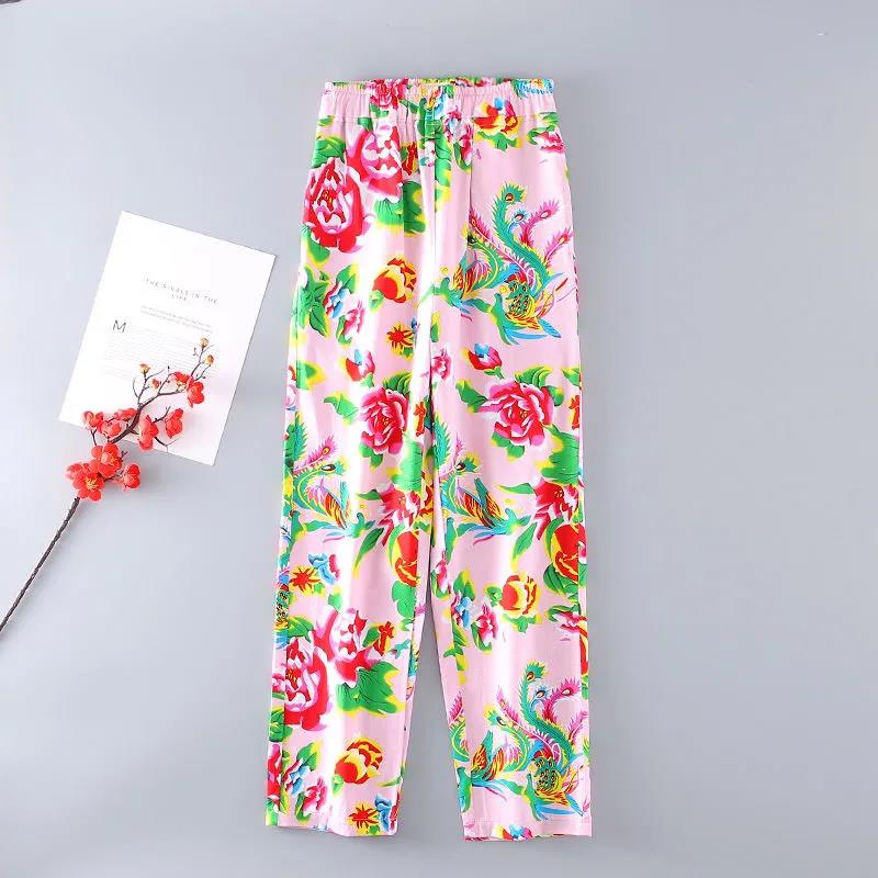 S-XXXXL Women's Spring Wide Leg Pants Summer Plus Size Printed Long Pants Autumn Elastic Waist Loose Trousers