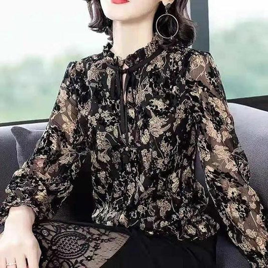 s-6XL Women's Chiffon Shirt Spring and Summer Printing Large Size Blouse Loose Slim Casual Bottoming Shirt Top