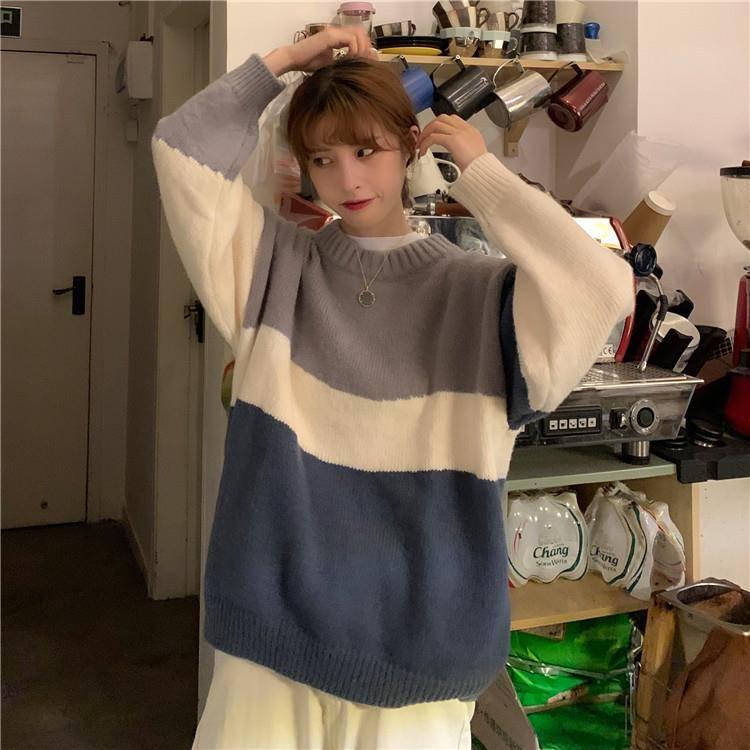Pofulove Sweater Loose Autumn Winter Korean Lazy Color Matching Striped Round Neck Pullover