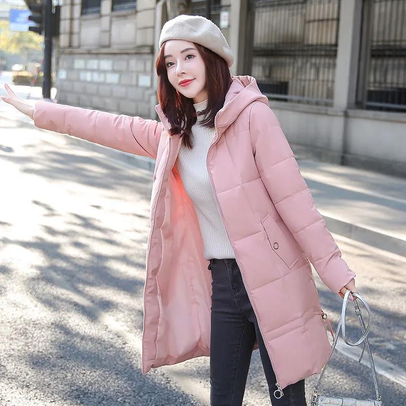 Winter Down Jacket Fashion Slim Zipper Hooded Cotton Jacket Women's Mid-length Solid Color Plus Size Down Coat