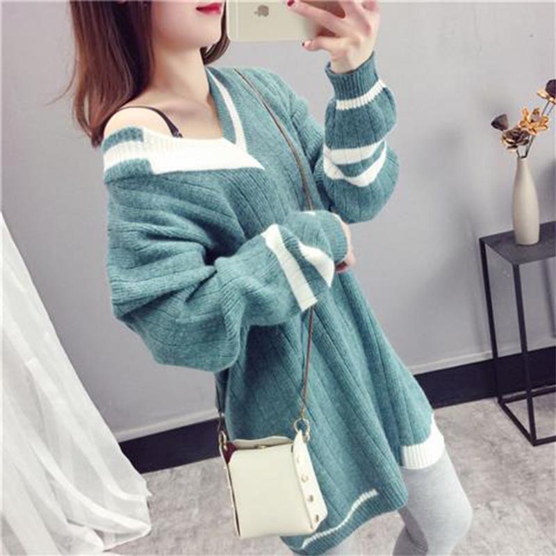 Pofulove high-quality core-spun yarn V-neck hedging mid-length wild wild knit ins sweater female student Korean loose top
