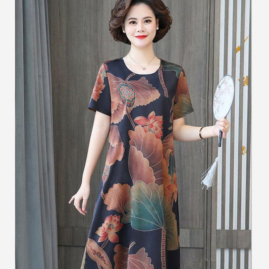 Large Short-sleeved Dress Middle-aged and Elderly Mothers Summer Mid-length Round Neck Print Loose Belly Cover