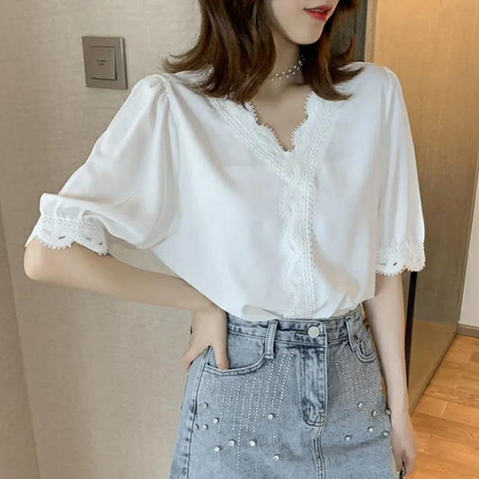 Women Spring Vintage White Shirt Niche Top 3/4 Sleeve Elegant Loose Summer Lace Patchwork Chiffon Versatile Shirt