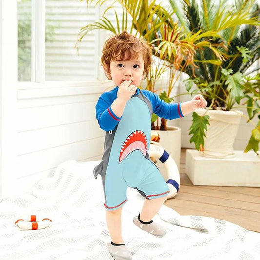 One-piece Shark Sunscreen Children's Swimsuit Cute Cartoon Toddler Baby 1-3 Years Old Long-sleeved Swimwear
