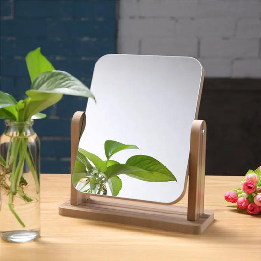 Ladies Rotatable Wooden Mirror Desktop Creative Portable Makeup Mirror HD Thin and Light Travel Out Household Essentials