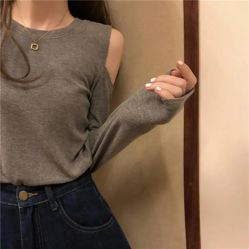 Off Shoulder T Shirt Casual Loose Clothes Tops Pure color Leisure Long Women pullover