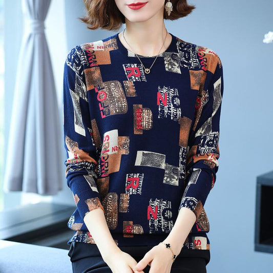 Autumn and Winter Ladies Fur Round Neck Bottoming Shirt Fashion Printing Shirt Sweater