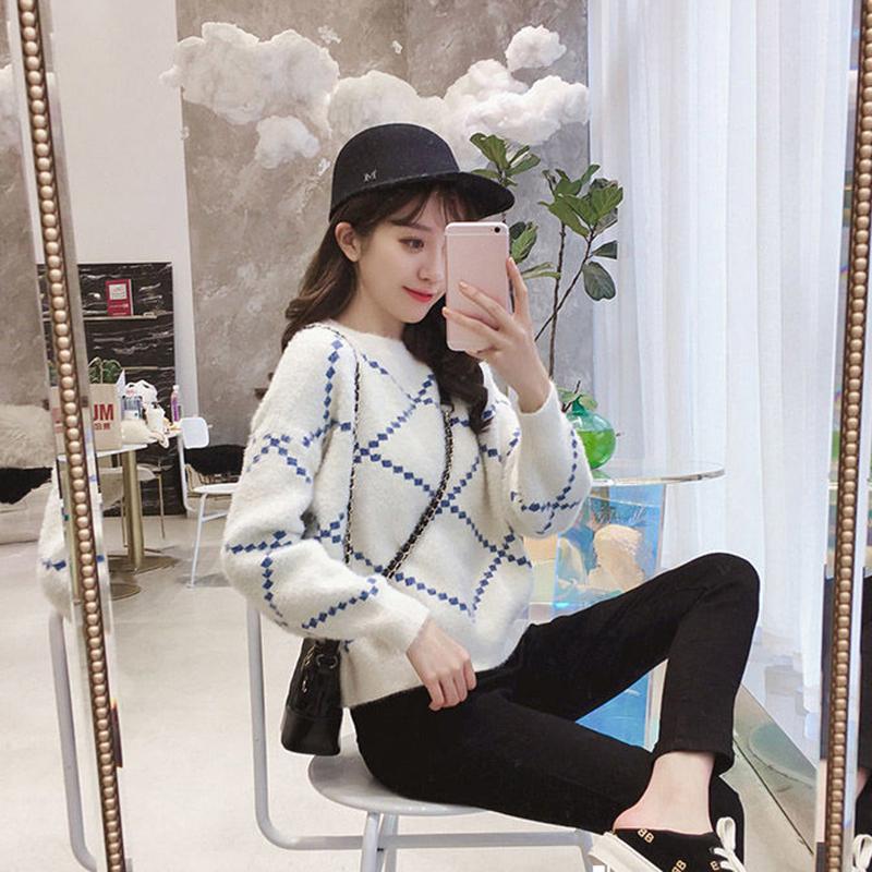 Autumn and Winter Imitation Mink Velvet Loose Sweater Plaid Pattern Knitted Top Fashion Casual Women Sweater