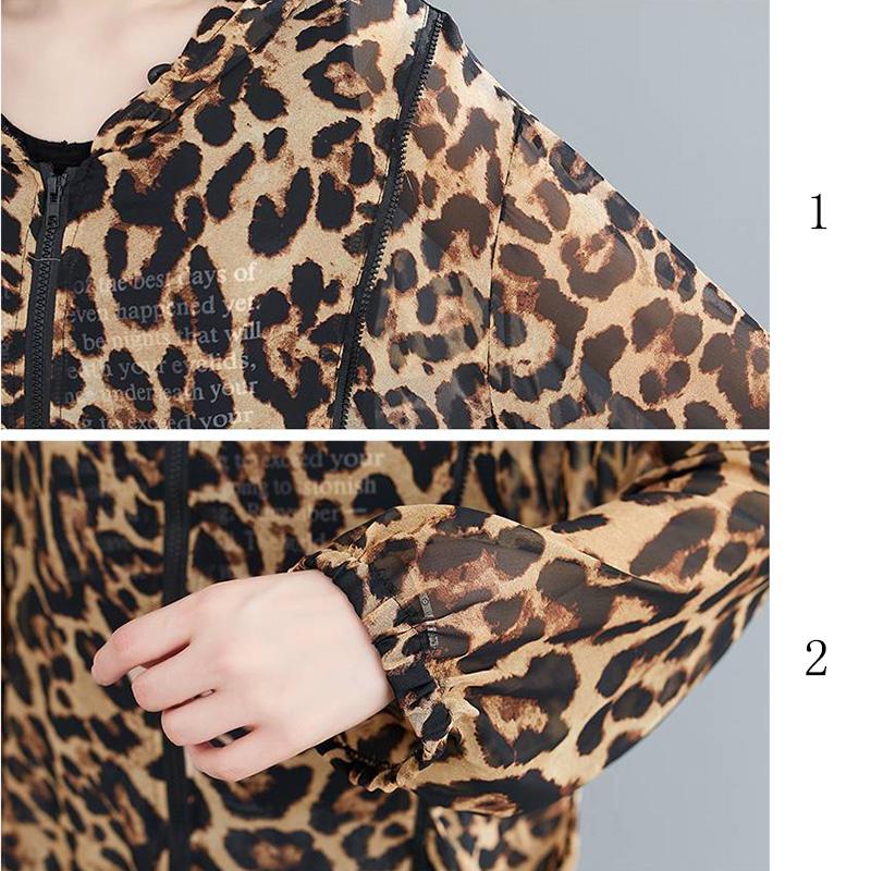 WTEMPO Large Size Chiffon Leopard Print Coat Long-sleeved Irregular Mid-calf Length Sun Protection Clothing Zipper Hooded
