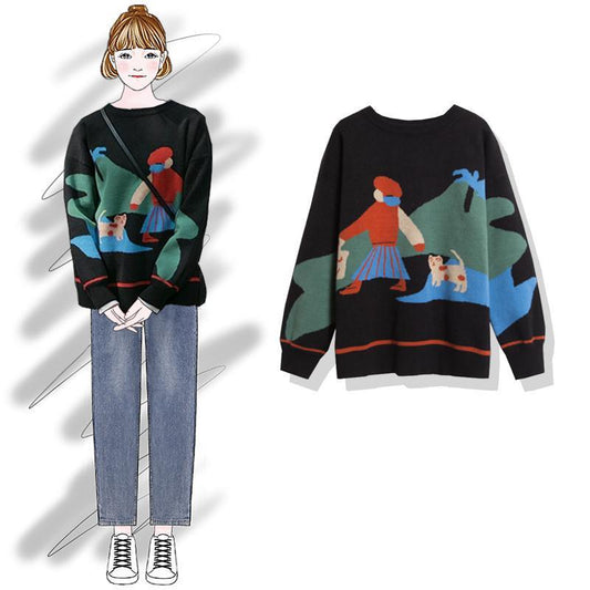 Vintage Autumn Winter Women Cartoon Printed Sweater Student Loose Casual Pullover Sweater All-match Knitwear Coat Outer Wear
