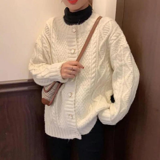 Autumn and Winter Women's Outer Wear Warm Sweater Casual Loose Thickening Retro All-match Twisted Korean Twist Knitted Cardigan
