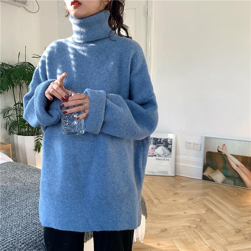 Winter Thick Solid Color Sweater Female Students Korean Turtleneck Pullover Bottoming Shirt Wild Split Stitch Loose Knit Sweater Jacket