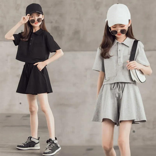 Girls' Sports Suit Summer Net Celebrity Foreign Atmosphere Big Boy Short-sleeved T-shirt Casual Shorts Two-piece Suit