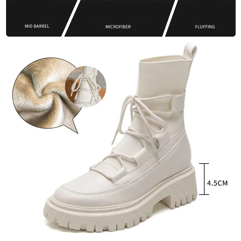 Autumn Winter Women's Boots Black White Ankle Boots Knit PU Leather Short Booties Woman Fall Shoes Punk Goth Shoes