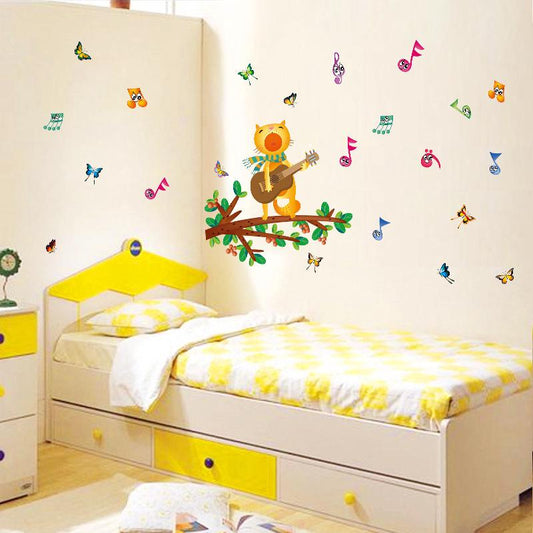Cartoon wall stickers cat playing guitar kindergarten bedroom wall decoration painting stickers