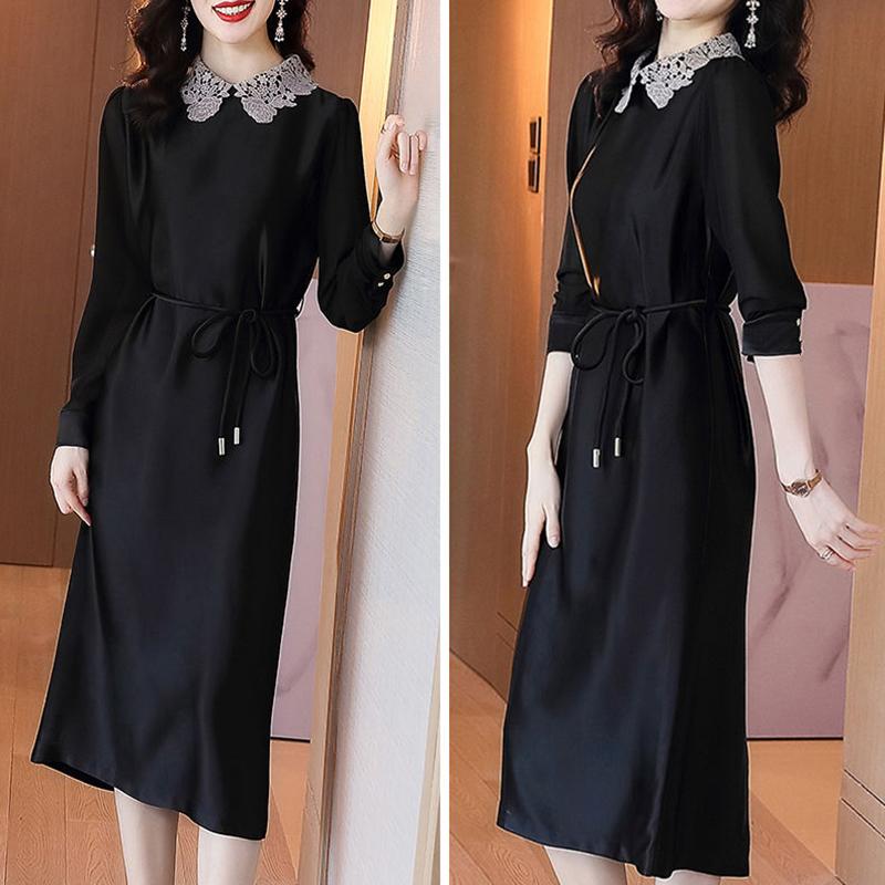 Plus Size M-XXXXL Summer Silky Satin Ladies Dress Over-the-knee Stand-collar Dress Free Belts of The Same Color