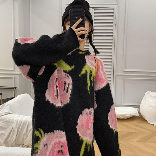 Women's Sweater Loose Outer Wear Autumn Winter Casual Retro Jacquard Mid-length Pullover Knit Top