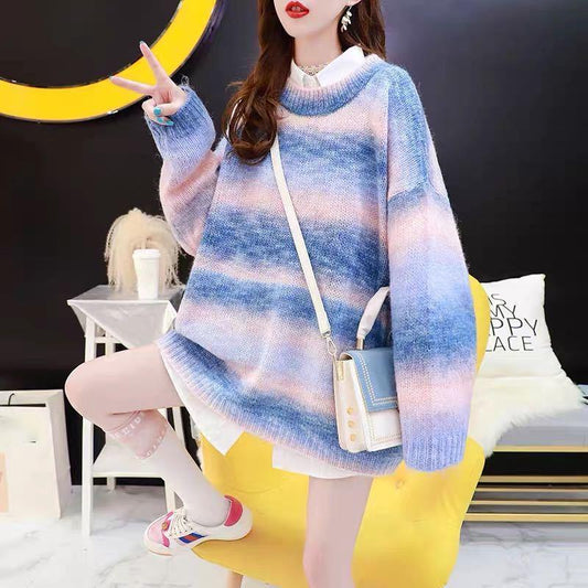 Autumn Sweet Knitted Top Rainbow Striped Pullover Sweater Oversized Loose Bottoming Shirt