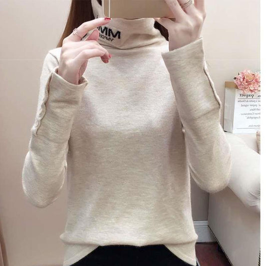 Split-cuff Knit Sweater Spring and Autumn Loose Long-sleeved Shirt High-neck Bottoming Shirt