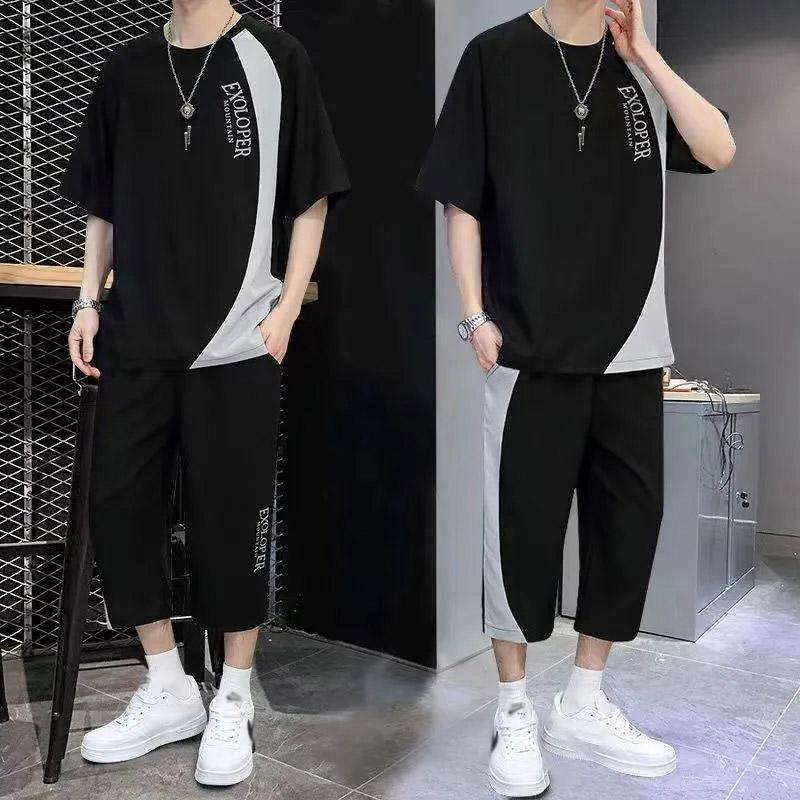Summer Short-sleeved T-shirt Suit Men's Trend Youth Casual Sports Cropped Two-piece Set