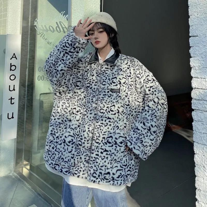 Winter Leopard Print Leather Jacket Can Be Worn on Both Sides Thick Plush Leather Jacket Mid-length Thick Women's Leather Jacket