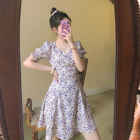 Chiffon Midi Skirt A-line Skirt Retro French Square Collar Puff Sleeves Slit Dress Oil Painting Purple Floral Skirt Elegant Temperament