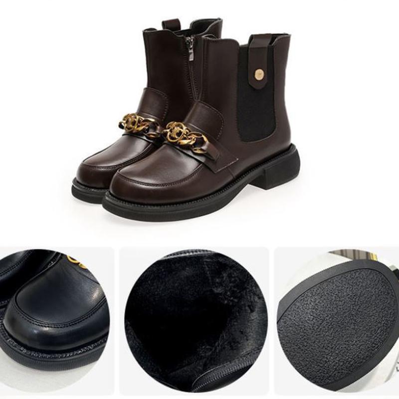 Women's Short Boots Winter Fashion All-match Round Toe Thick Heel Martin Boots Plus Velvet Warm Chain Boots