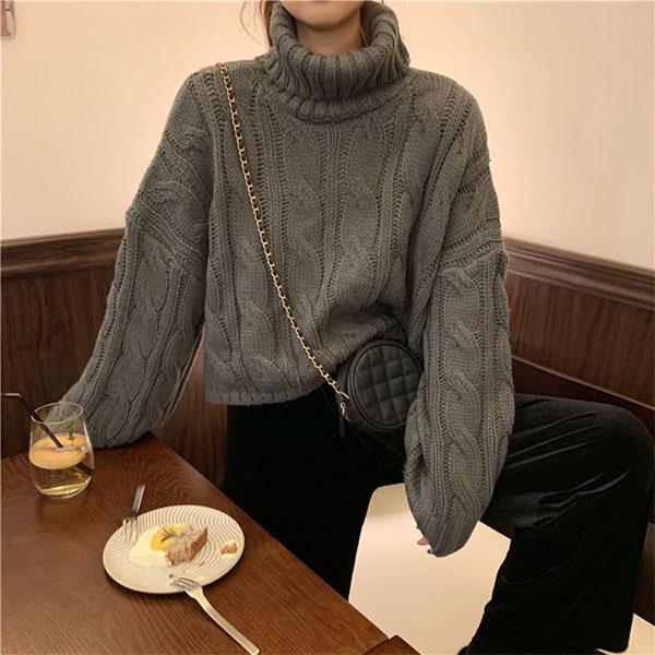 Lazy Style Loose Turtleneck Sweater Female Students Solid Color All-match Hedging Twist Knit