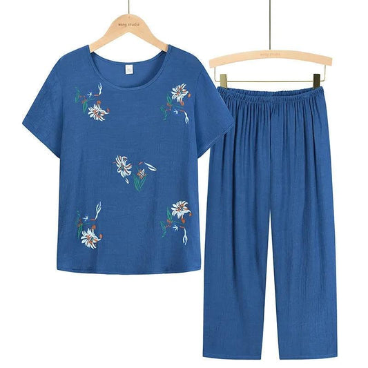 Women Clothes Summer Cotton and Linen Homewear Set Short Sleeve Floral Print T-shirt Pants Loose Two Pieces Set Outfit for Middle-aged Large Size