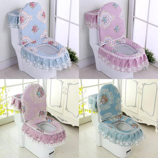 Chenille Toilet Three-piece Set Garden Lace Fabric Zipper Toilet Seat Cushion Toilet Seat Cover Ring Cover