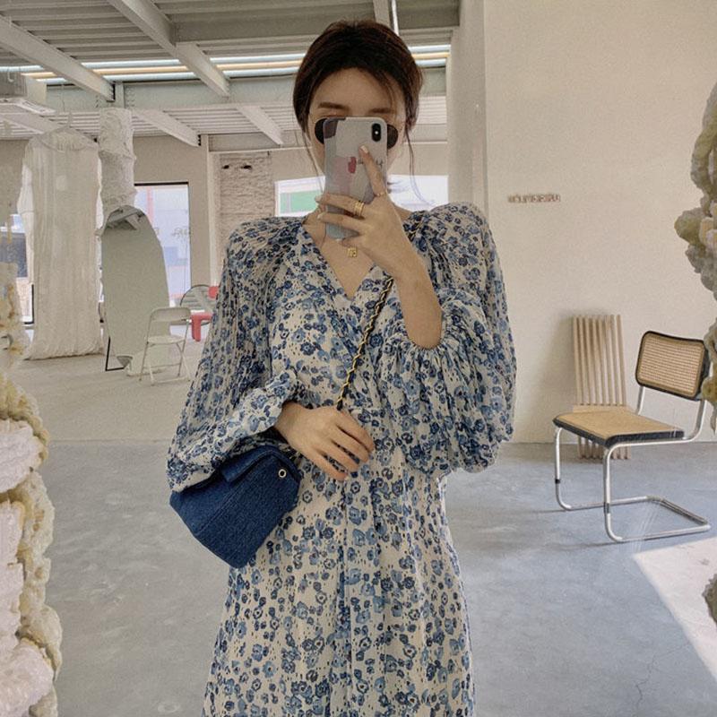 Chiffon Long Skirt Female Summer Holiday Style Retro Floral French Dress V-neck Spring Summer Casual Long Sleeves