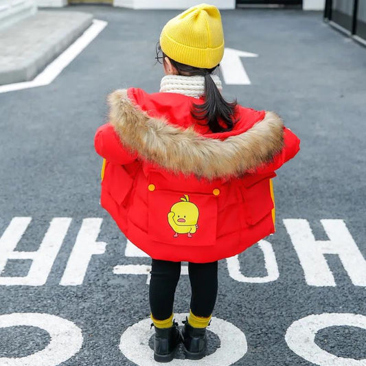 Boys and Girls Mid-length Padded Jacket Thickened Children's Winter Down Cotton-padded Jacket Baby Winter Hooded Jacket with Fur Collar