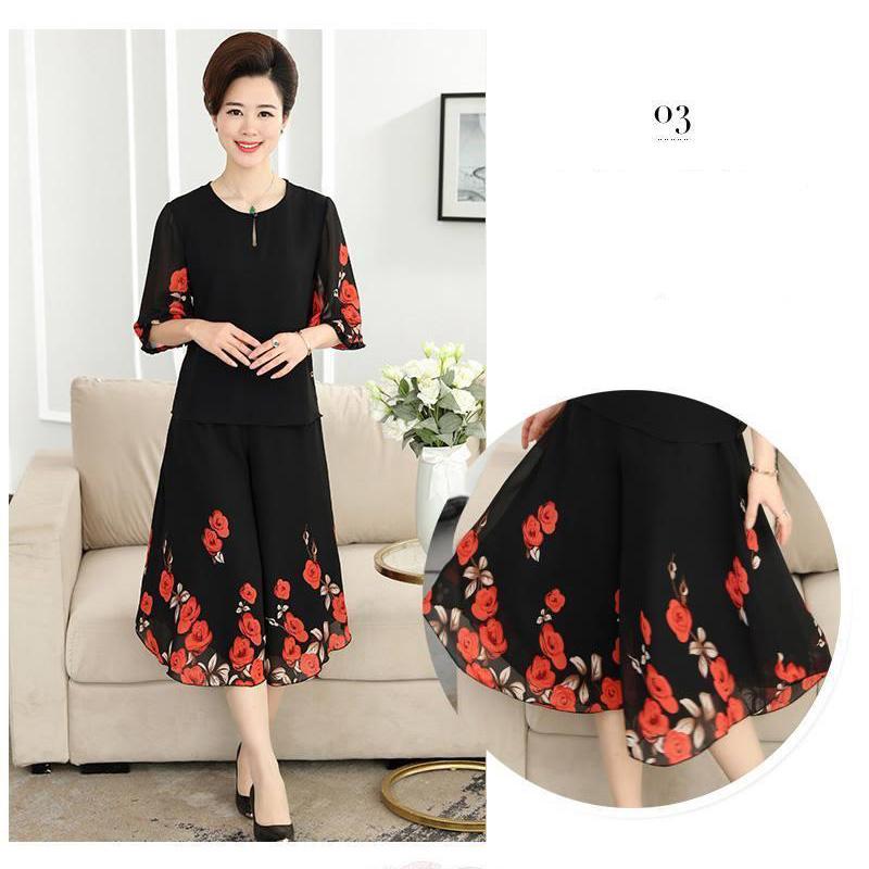 WTEMPO Women's Plus Size 2pcs Chiffon Shirt Pants Suit Spring and Summer Bat Sleeve Loose Casual Two-piece Set