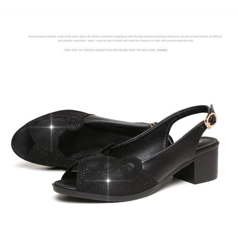 Leather Sandals Women's Thick Heel Fish Mouth Shoes Women's Medium Heel Casual All-match Soft Bottom Women's Shoes