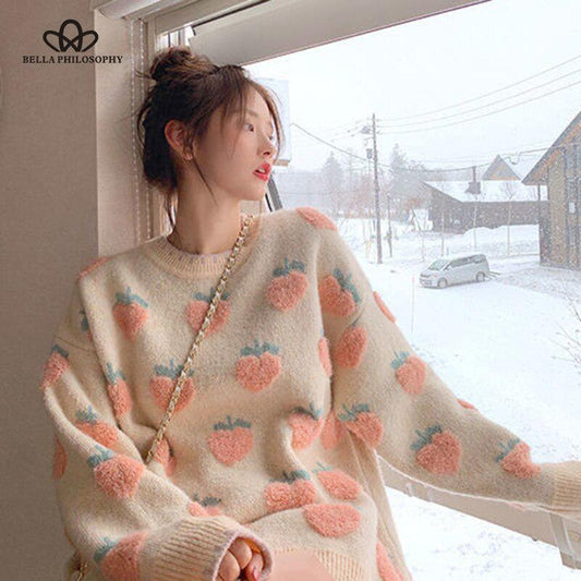 Autumn Winter Sweet Lolita Cute Pink Cartoon Fruit Pattern Knitted Casual Pullover Loose Sweater Long Style Top Outwears